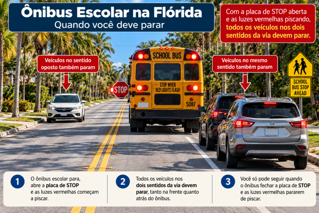 Ônibus escolar na Flórida com placa de STOP aberta e carros parados nos dois sentidos da via