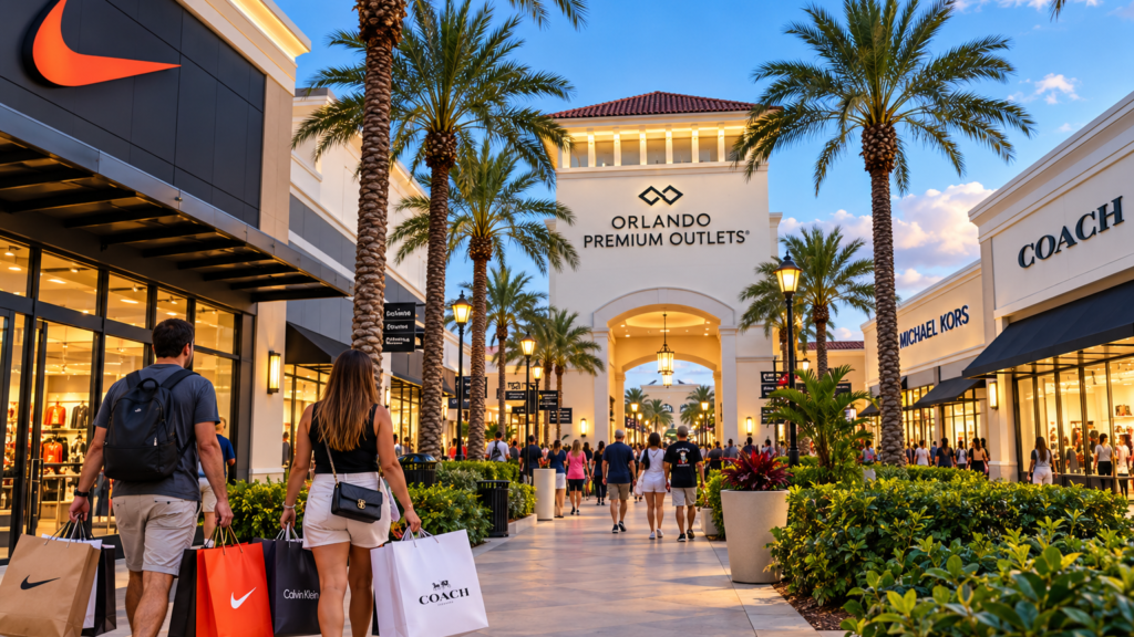 Casal fazendo compras em outlet de Orlando, na Flórida, com sacolas de marcas famosas, lojas e palmeiras ao fundo.