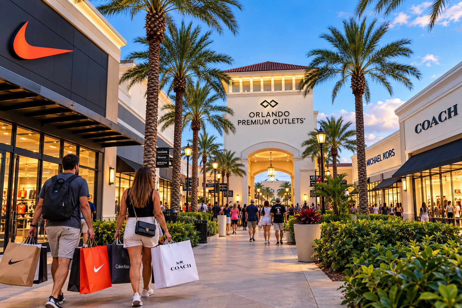 Casal fazendo compras em outlet de Orlando, na Flórida, com sacolas de marcas famosas, lojas e palmeiras ao fundo.