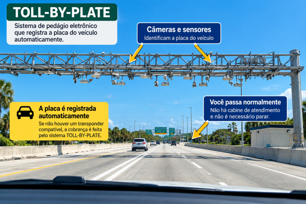 Pedágio eletrônico TOLL-BY-PLATE na Flórida com câmeras para leitura da placa do veículo