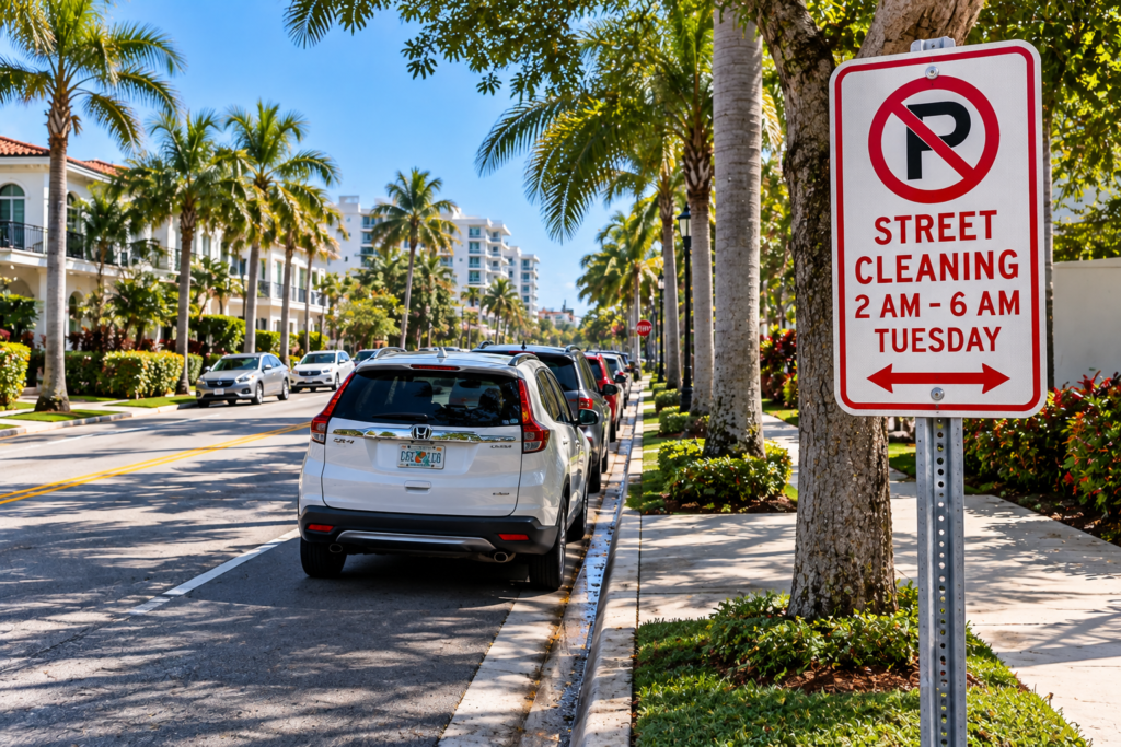 Placa de Street Cleaning na Flórida indicando dia e horário em que é proibido estacionar