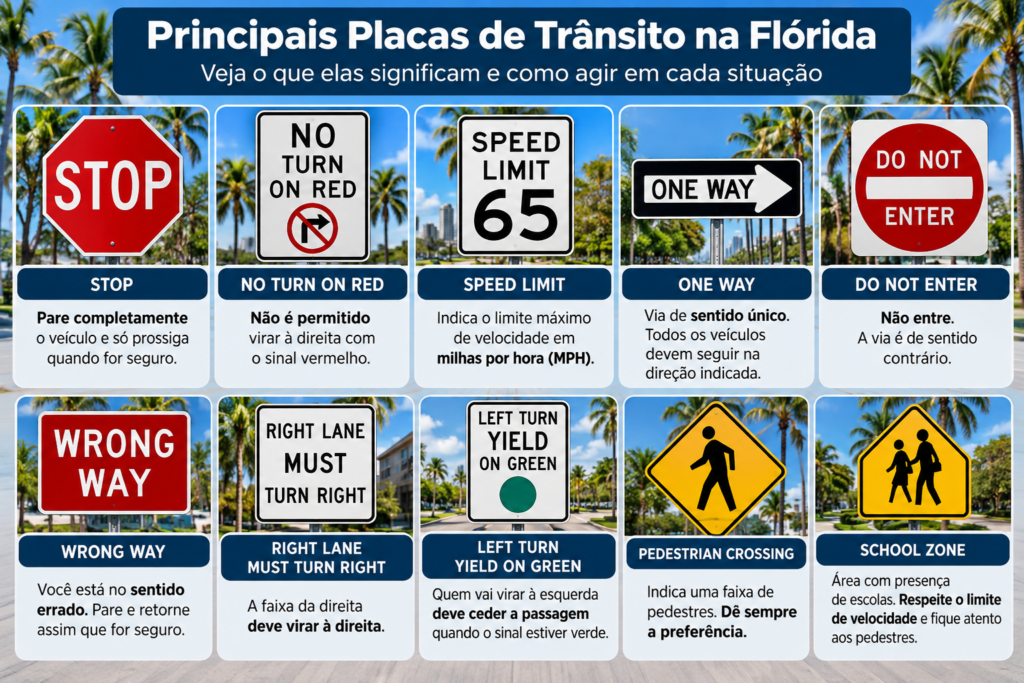 Principais placas de trânsito na Flórida e seus significados para motoristas brasileiros