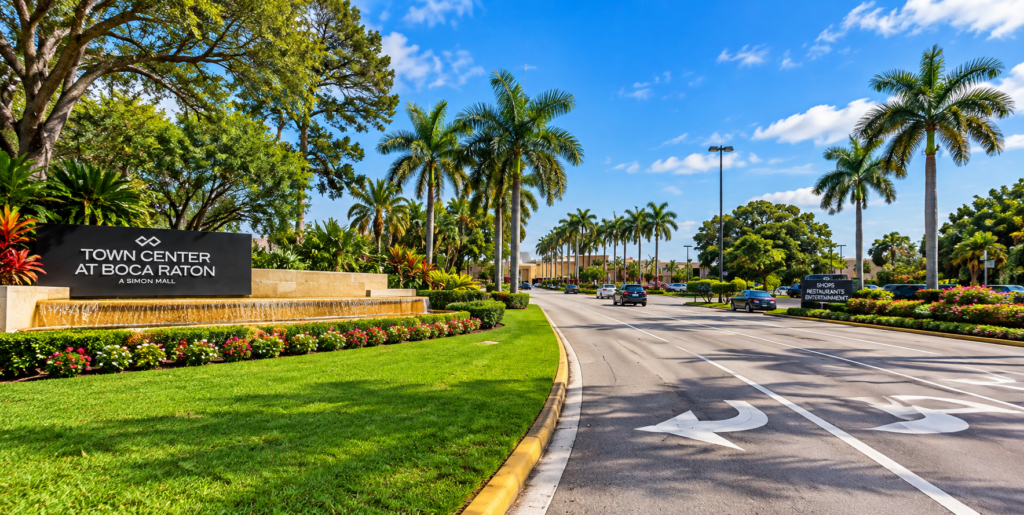 Entrada do Town Center at Boca Raton pela Glades Road com palmeiras e paisagismo