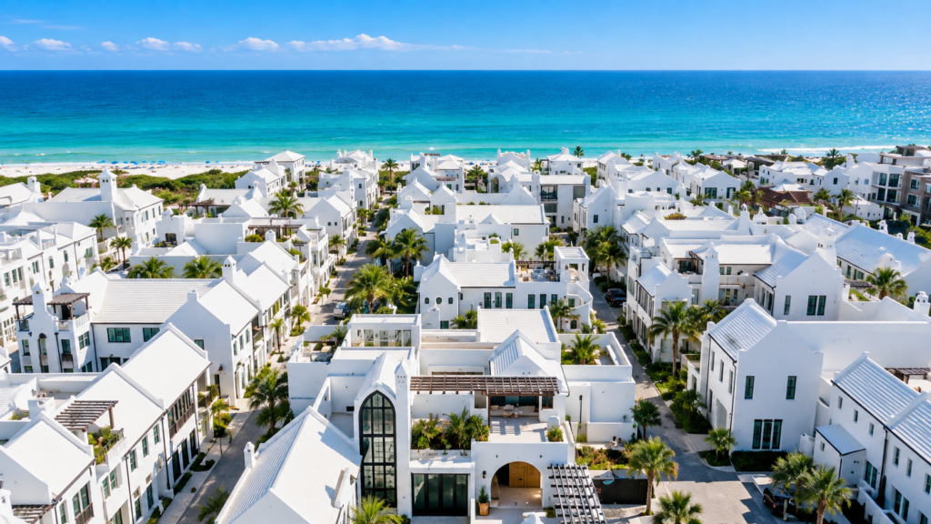 Vista aérea de Alys Beach na Scenic Highway 30A com construções brancas e o Golfo do México
