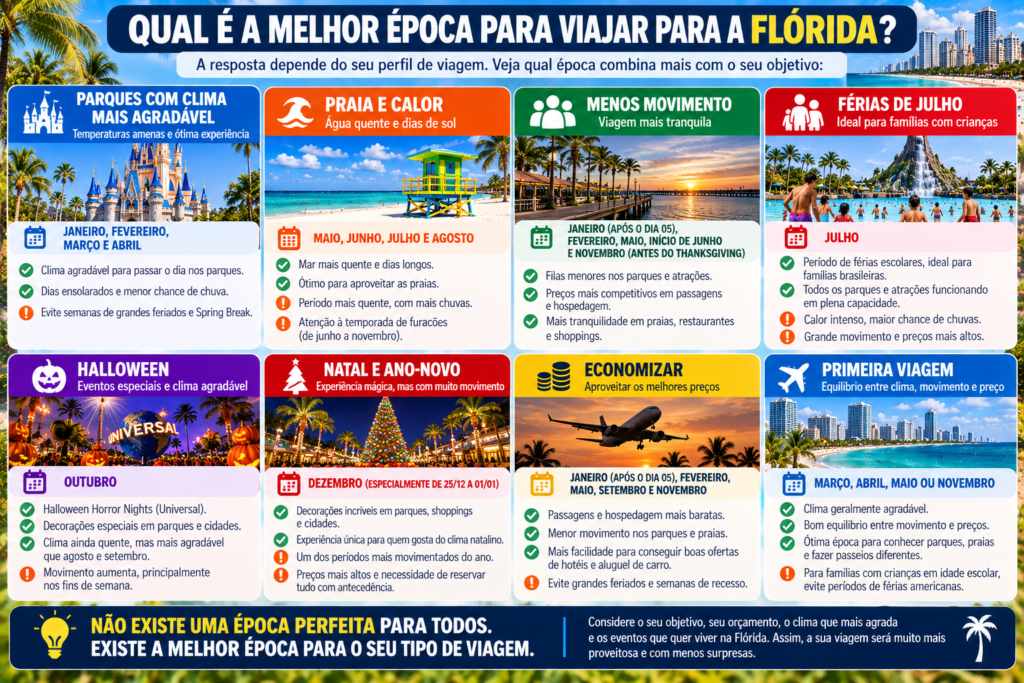 Infográfico sobre a melhor época para viajar para a Flórida de acordo com o perfil da viagem, incluindo parques, praias, menos movimento, férias de julho, Halloween, Natal e economia.