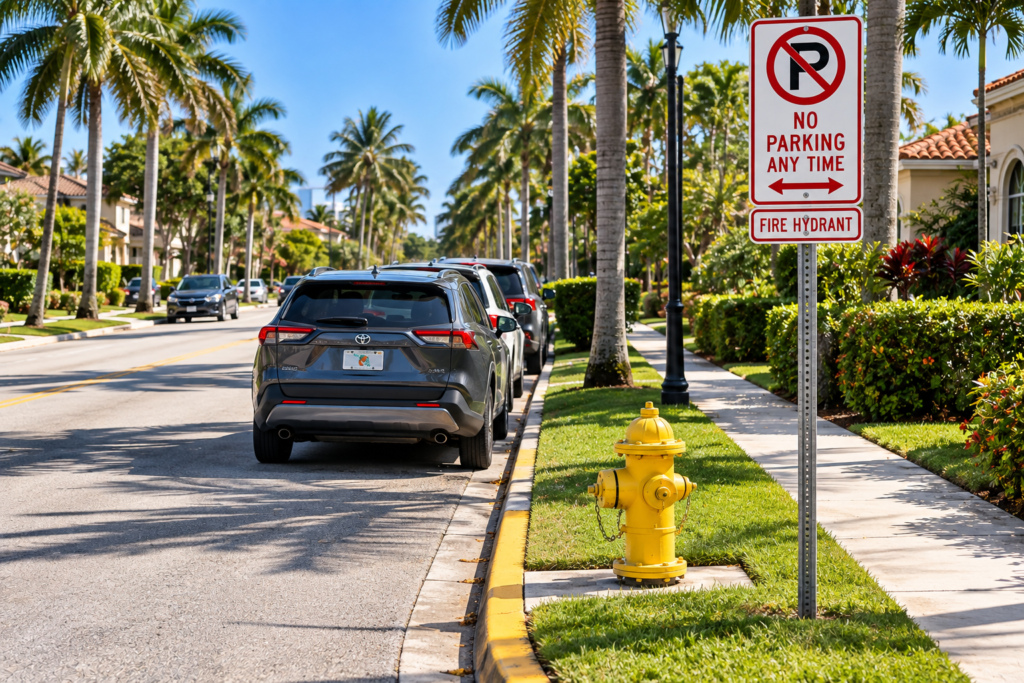 Rua na Flórida com placa de proibição de estacionamento e hidrante próximo ao meio-fio